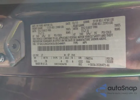 2016 Ford Escape Se from USA, damaged, VIN 1FMCU9GX9GUB34481